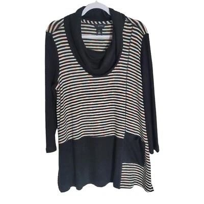 Suéter túnica a rayas Ali Miles talla grande negro arco iris capucha cuello pulóver Foto 1 de 4