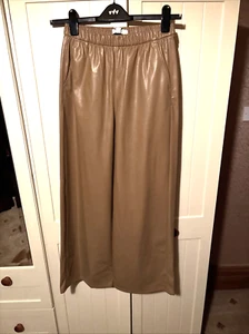 M&S Marks & Spencer Spice Beige Brown Faux Leather Wide Leg Trousers Size 8 NEW - Picture 1 of 10
