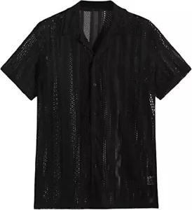 Camisa para hombre hueca informal callejera tejida con botones manga corta transparente - Imagen 1 de 9