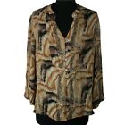 Suzanne Grae Womens Sz10 Animal Print Crinkled Top Earth Tones Sheer L/S VGC
