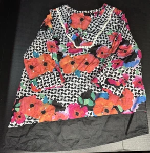 XL Rafaella Linen Embroidered Floral Asymmetrical Lagenlook Blouse Black Pink - Picture 1 of 9