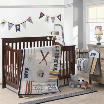 Lambs & Ivy Varsity Gray/Blue 6Pc Crib Bedding Set Include Mobile/Blanket*New* - Image 1 of 4