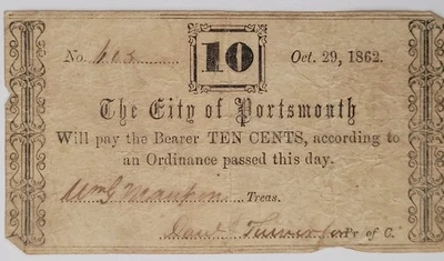 Civil War Confederate 1862 10 Cents Note The City Of Portsmouth Virginia Money - Image 1 of 2