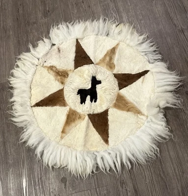"Alfombra de piel de lana de alpaca vintage colgante de pared redonda 36"" motivo llama Perú" Foto 1 de 4