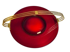 Atomic vassoio da portata in vetro rosso rubino ottone MCM Space Age centrotavola Googie Jetson - Foto 1 di 24