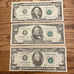 1990 $20 Twenty, $50 Fifty, $100 Hundred Dollar Fed Notes. Circulated. - Picture 1 of 8
