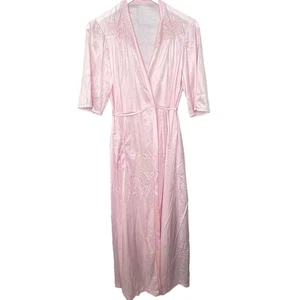 Vintage Nancy King Silky Long Robe Pink Size M Lace Peignoir Lingerie Belt Tie - Picture 1 of 10