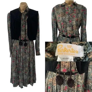 Vintage Größe 12 Berkertex grün Blumenmuster Teppich Druck Kleid & Weste Outfit - Bild 1 von 11
