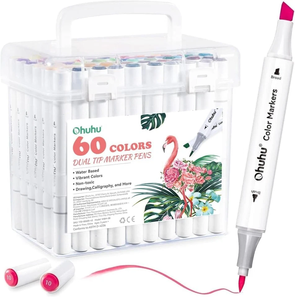 Ohuhu Water-Based Markers 60 Colours, Dual Tip Colouring Pens for Anime and Man