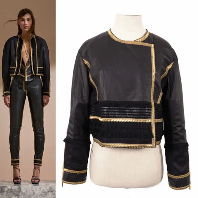 38 NEW $3,595 ROBERTO CAVALLI RUNWAY Black LEATHER Gold Trim Motorcycle JACKET - Image 1 of 4