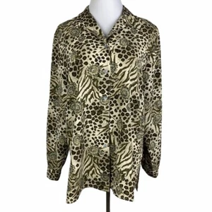 Impressions Vintage Cougar Print Button Down Shirt Women's Large Tan Long Sleeve - Picture 1 of 10