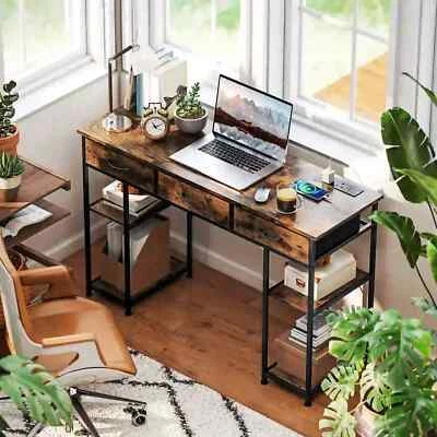 Rustic Brown Computer Writing Desk with Power Outlets, Drawers, Shelves 120cm - Image 1 of 4