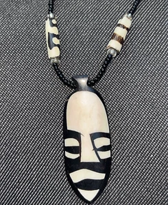 Vintage necklace black and white tone exotic inlaid MASK pendant 2.5" Beaded - Picture 1 of 1