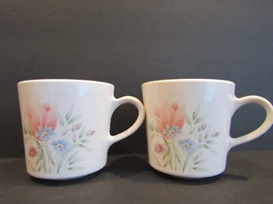 CORELLE Corning Set of 2 Cups Pink Tulips BLUE & PURPLE Flowers SANDSTONE 3.5" T - Picture 1 of 5