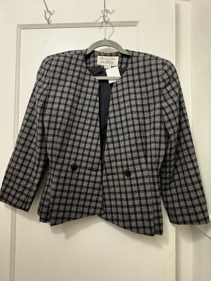 复古 80 年代 Christian Dior 灰色和黑色格子修身西装外套 — 第 1/4 张图片