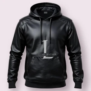 Herren Schwarz Premium Leder Handarbeit Hoodie Echt Lammleder Leder Hoodie - Bild 1 von 3