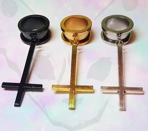 Steel Black Inverted Upside Down Cross Goth Pendant Dangle Ear Plug Tunnel Gold - Picture 1 of 9