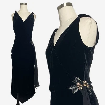 Vintage Y2K Newport News Veludo Preto envoltório falso faixa floral assimétrica midi XS - Imagem 1 de 4