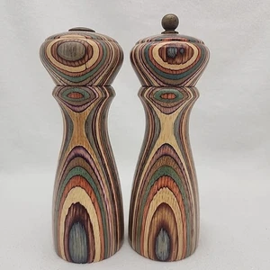 Salt Shaker & Pepper Mill Grinder Set Wood Mr Dudley Rainbow Color Vintage  - Picture 1 of 7