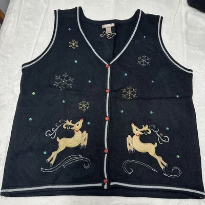 Chaleco Suéter Navidad Vintage Ciervo Blanco Y2K XXL 20 Reno Bordado 2x Foto 1 de 4