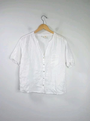 C&C California 100% Linen Button Front Short Sleeve Top White Large - Image 1 of 4