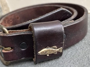 ROYDEN Belt Sz 32 Dark Brown Leather Brass Fish On Buckle Made In USA - Picture 1 of 10