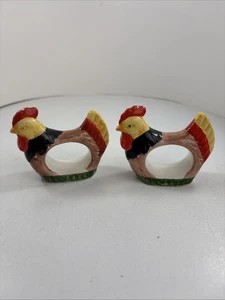 Vintage Set of 2 Farmhouse Rooster Chicken Ceramic Napkin Rings Table Setting - Picture 1 of 4