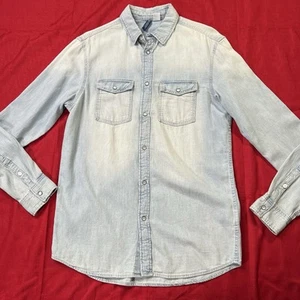H&M Mens Long Sleeve Pearl Snap Denim Button Shirt Small Reg Blue Jean Western - Picture 1 of 13