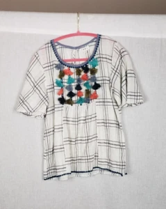 THML Blouse Top M Multicolor Tassle Bodice Check White Black 100% Cotton Boho - Picture 1 of 7