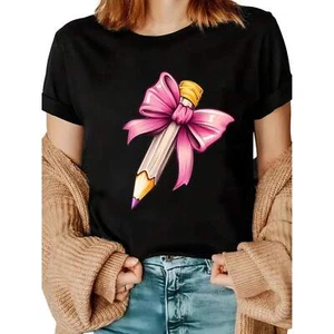 100% Cotton Women's casual round neck T-shirt with pink bow pencil print - Picture 1 of 12