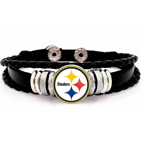 Pittsburgh Steelers Mens Womens Black Leather Bracelet Football w Gift Pg D14 Cover