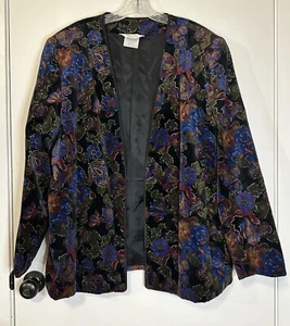Vintage Tan Jay Velvet Blazer Floral Plus Size Open Front Shoulder Pads Size 18 - Picture 1 of 7
