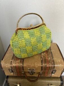 RARE! Mid Century 1960s Vintage Green Woven Raffia Straw Handbag Purse