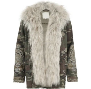 EX RIVER ISLAND LADIES CAMO FAUX FUR EMBROIDERED JACKET SIZE 8 NEW (ref 547 SALE - Picture 1 of 2