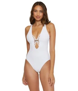 BECCA Women's Modern Edge One Piece Swimsuit, Plunge Neck, Bathing Suits White M - Picture 1 of 3