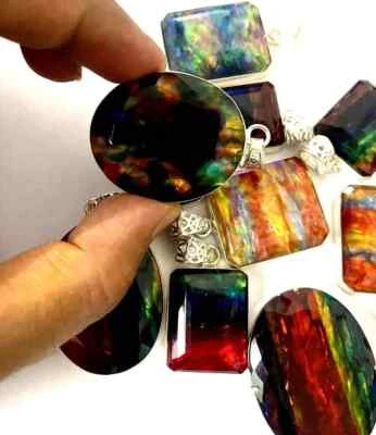 1000 CT Naturale Ammolite Doppietto Multicolore 925 Argento Massiccio Ciondolo - Immagine 1 di 4
