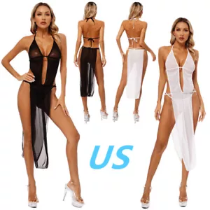 Sexy durchsichtiges Netz Damen Nachthemd Seitenschlitze Kleid mit T-Rücken Slip - Bild 1 von 31