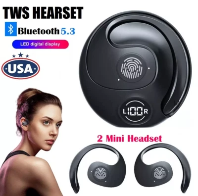 Ear Hook Mini Bluetooth 5.3 Headset TWS Earphones Earbuds Stereo Bass Headphones - Image 1 of 4
