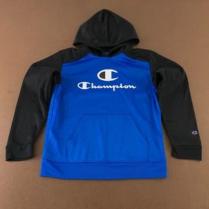 Champion Boys Size 14/16 Blue Black Script Logo Pocketed Pullover Hoodie New - Picture 1 of 7
