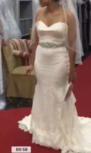 Mikaella Ivory Lace Wedding Gown Dress With Belt Strapless Fit And Flare Sz 8/10 - Picture 1 of 12