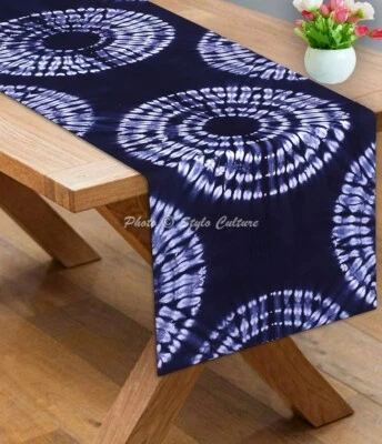 Bohemian Cotton Canvas Table Runner Shibori Circles Blue Long Tie Dye Tablecloth - Image 1 of 4
