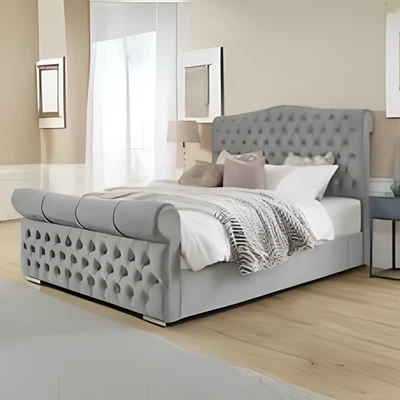 New Ottoman Sleigh Bed Frame Plush Velvet Upholstered Gas Lift Storage Double UK - Image 1 of 2