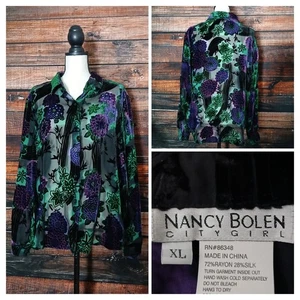 Nancy Bolen Blouse Top XL Sheer Velvet Burnout Beaded Floral Silk Rayon NWT VTG - Picture 1 of 11