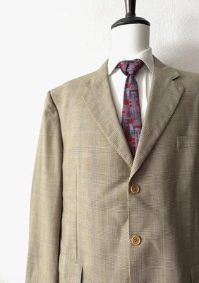 Gian Luca Isaia 那不勒斯西装夹克外套男式 48L 长米色/薄色格子 3 按钮 — 第 1/4 张图片