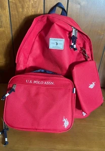 3 piece Set U.S. Polo Assn. Backpack, Lunch Bag, Pencil Case Adj. Strap RED NEW - Picture 1 of 8