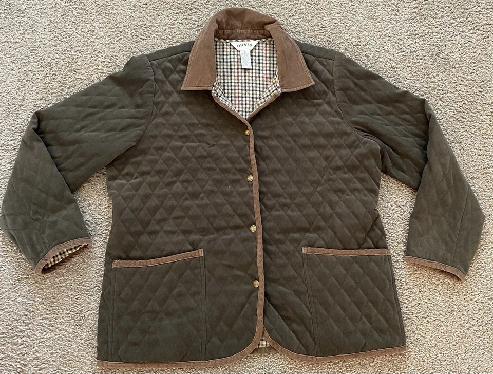 Chaqueta acolchada de granero Orvis para mujer verde pana cuello abrigo campo aire libre XL Foto 1 de 4