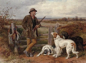 ENGLISCHER SETTER CHARMANTE HUNDGRUSS NOTIZKARTE MANN MIT WAFFE & HUNDE RUHE AM TOR - Bild 1 von 1
