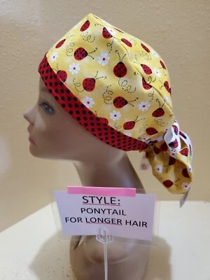 Ladybugs (Yellow) Women's Ponytail Surgical Scrub Hat/Cap Handmade - Image 1 of 4