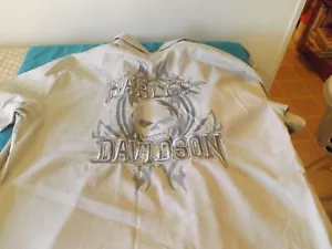 Harley Davidson Men's L Short Sleeve Button Shirt Tan Khaki Skull Embroidered - Picture 1 of 5