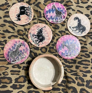 African Soapstone Coasters Set 6 Wild Animals Safari Colorful Etched Caddy Pink - Picture 1 of 7